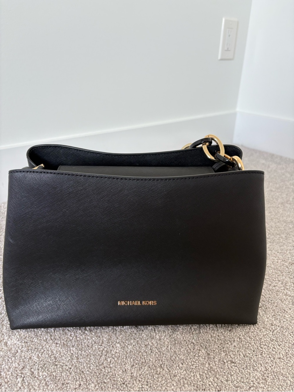 Michael Kors Black Saffiano Leather Shoulder Tote with Gold Hardware